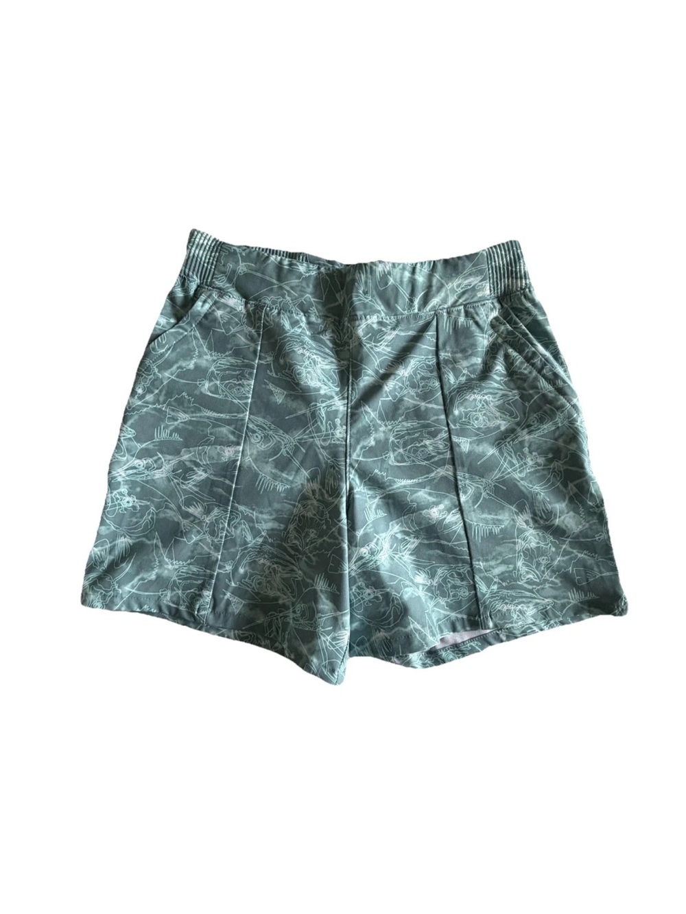 Columbia Swim Shorts Womens S Green Fish Print PFG Lined Elastic Pockets Beach